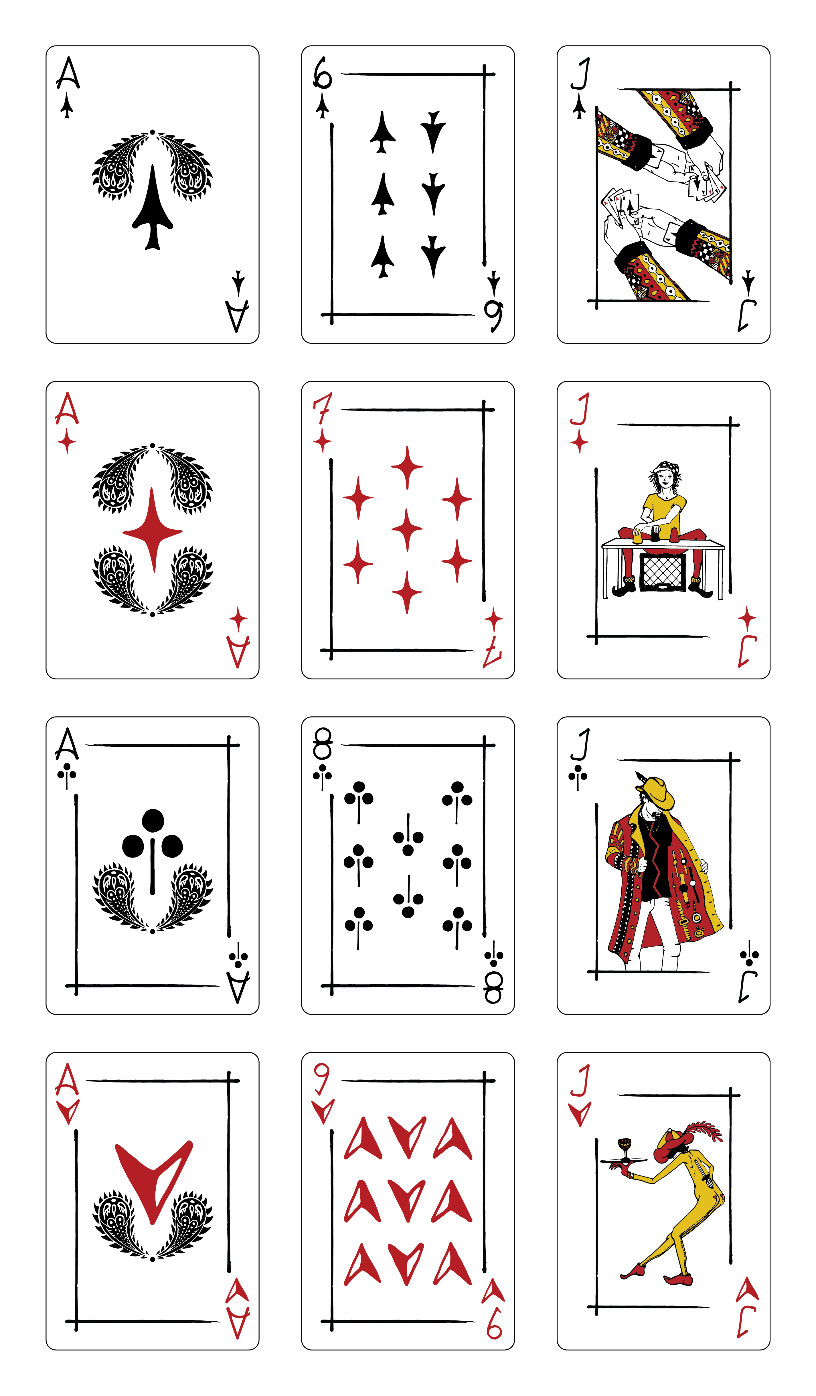 Sample illustrations for an original deck of cards, personal project, 2021