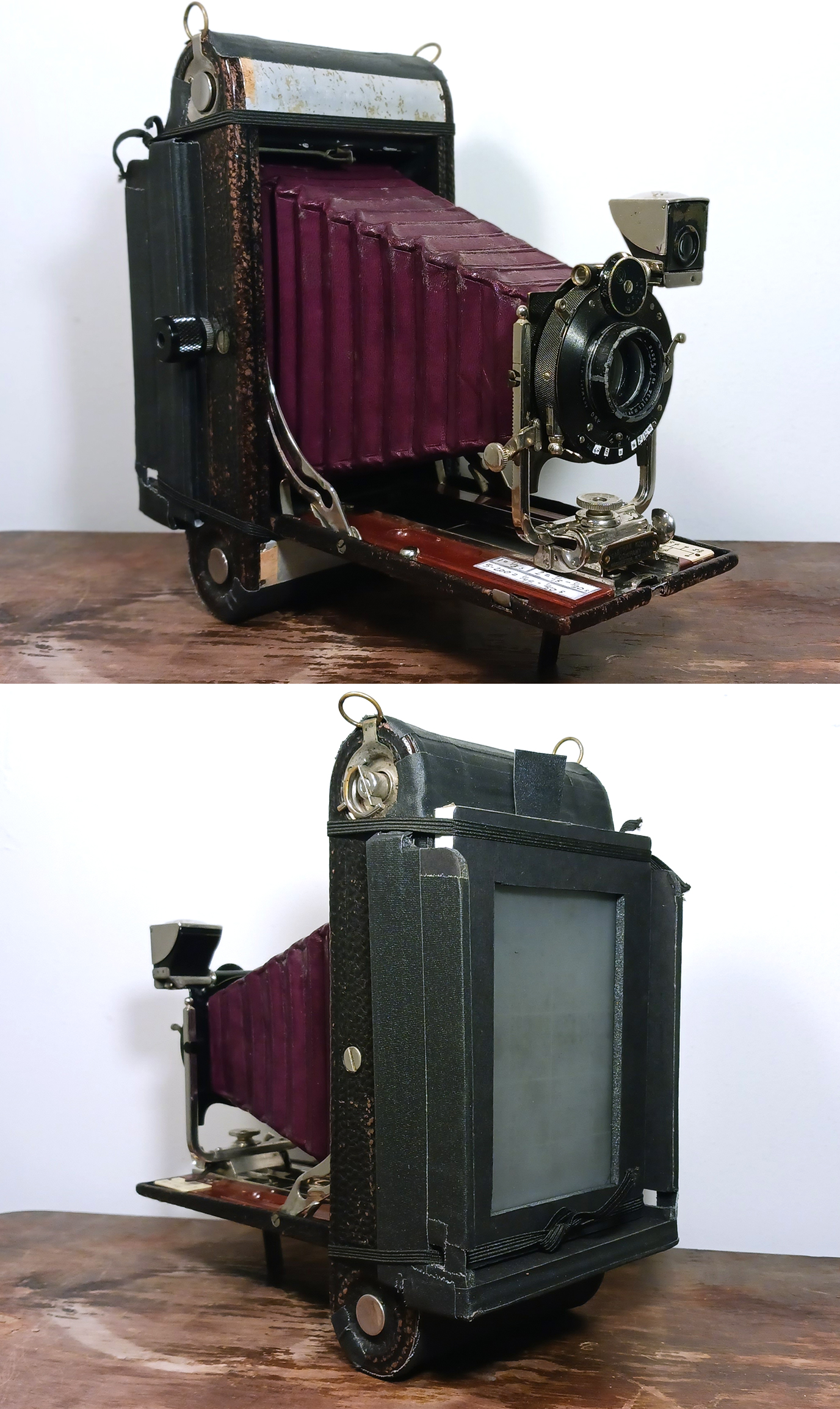 Frankenstein camera, an old folding Kodak I restored and built an adapted back to take 4x5 sheet film. 1920+2022.