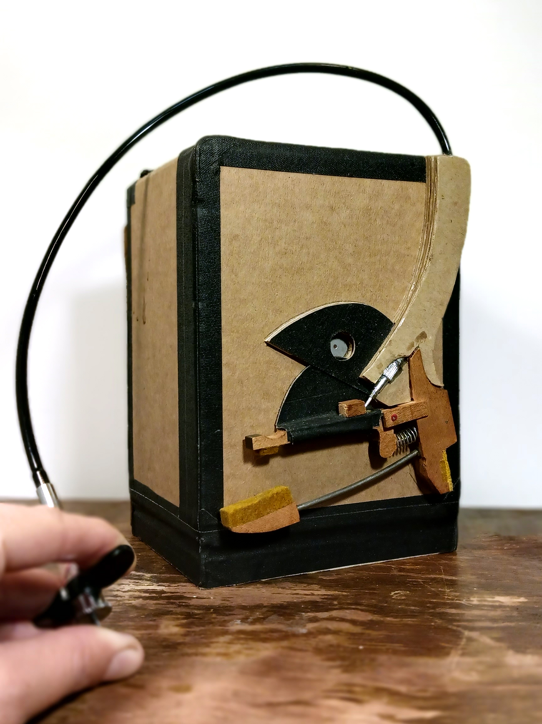 Precision drilled pinhole built into a cardboard box, back accepts ground glass and film holders, shutter uses a spring and is made from piano pieces. 2023.