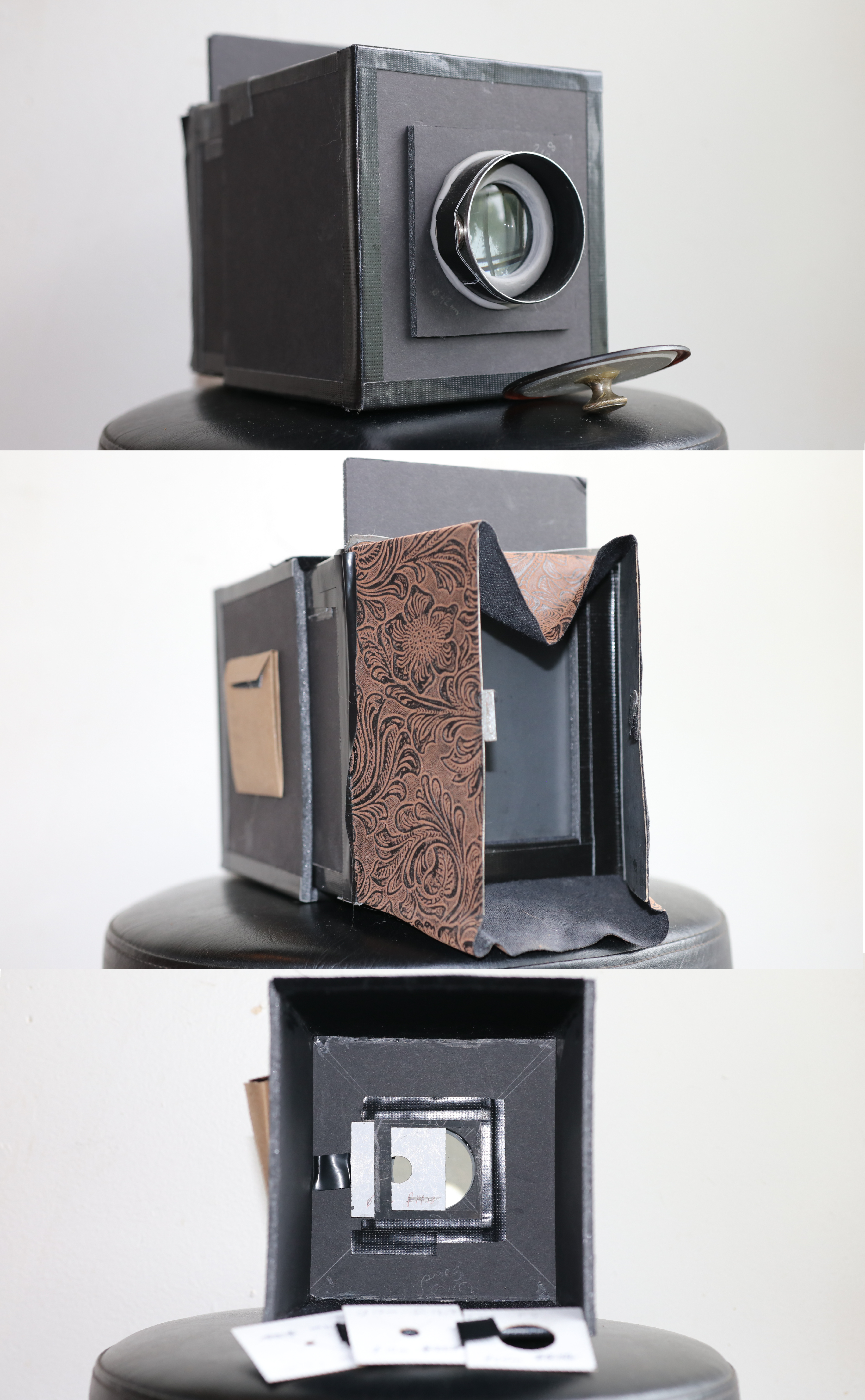 Foam core 4x5 camera, accepts 4x5 film holders. Features a ground glass and a magnetic lens cap/shutter. Like my first attempt in cardboard, a dollar store magnifying glass was used. The aperature is changeable by sliding cards with varying aperature diameters into a slot behind the lens, and the focus is controlled by sliding the inner and outer boxes closer together/farther apart.