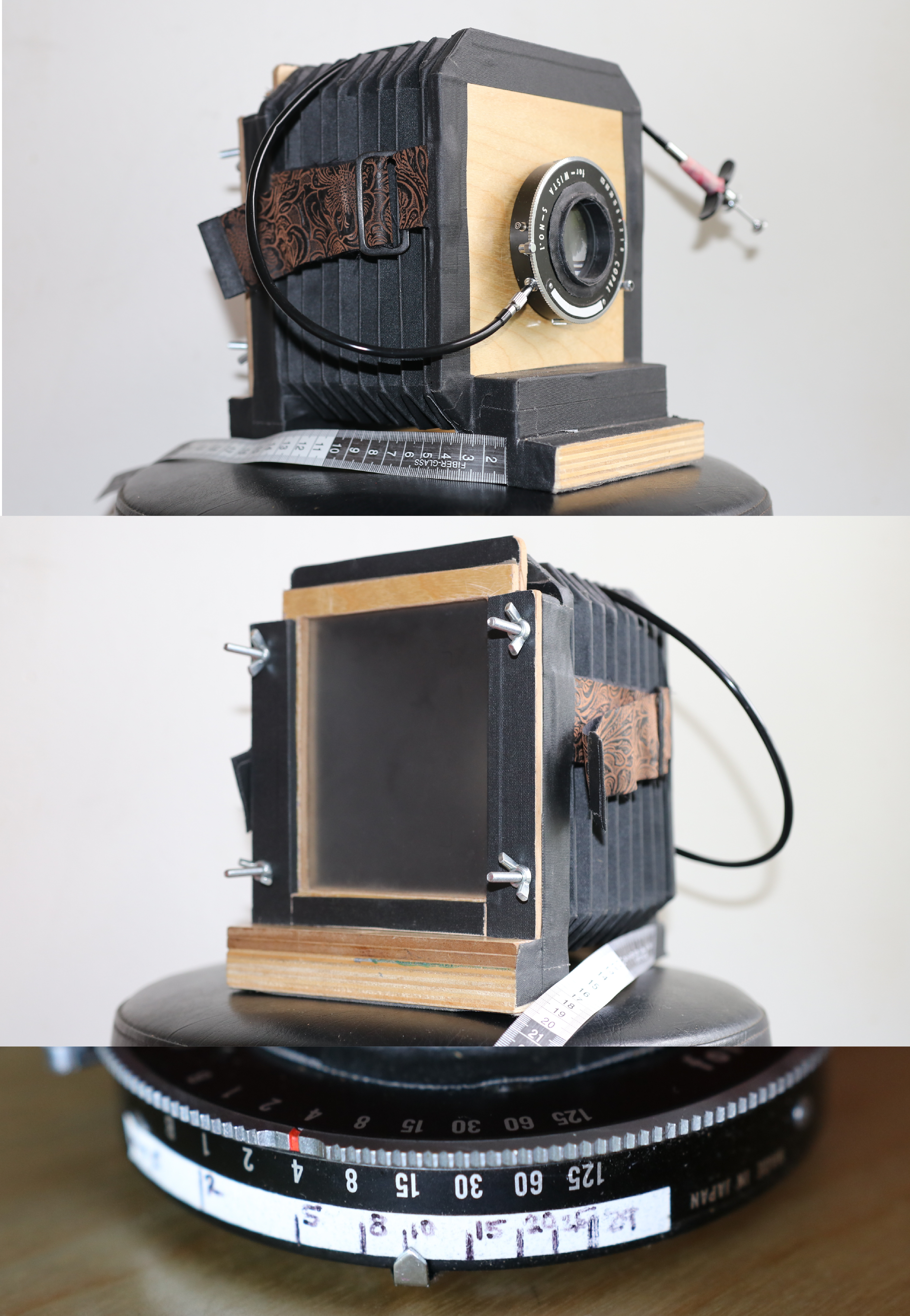 2022 design: tape reinforced cardstock bellows, plywood lens board, and repurposed enlarger shutter. Lens is a double-convex magnifying glass.